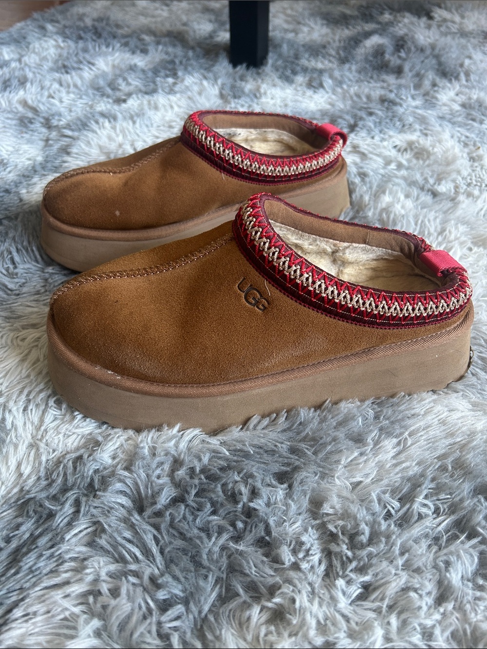 UGG Women's Chestnut Suede Slip-On Platform Booties with Red Trim